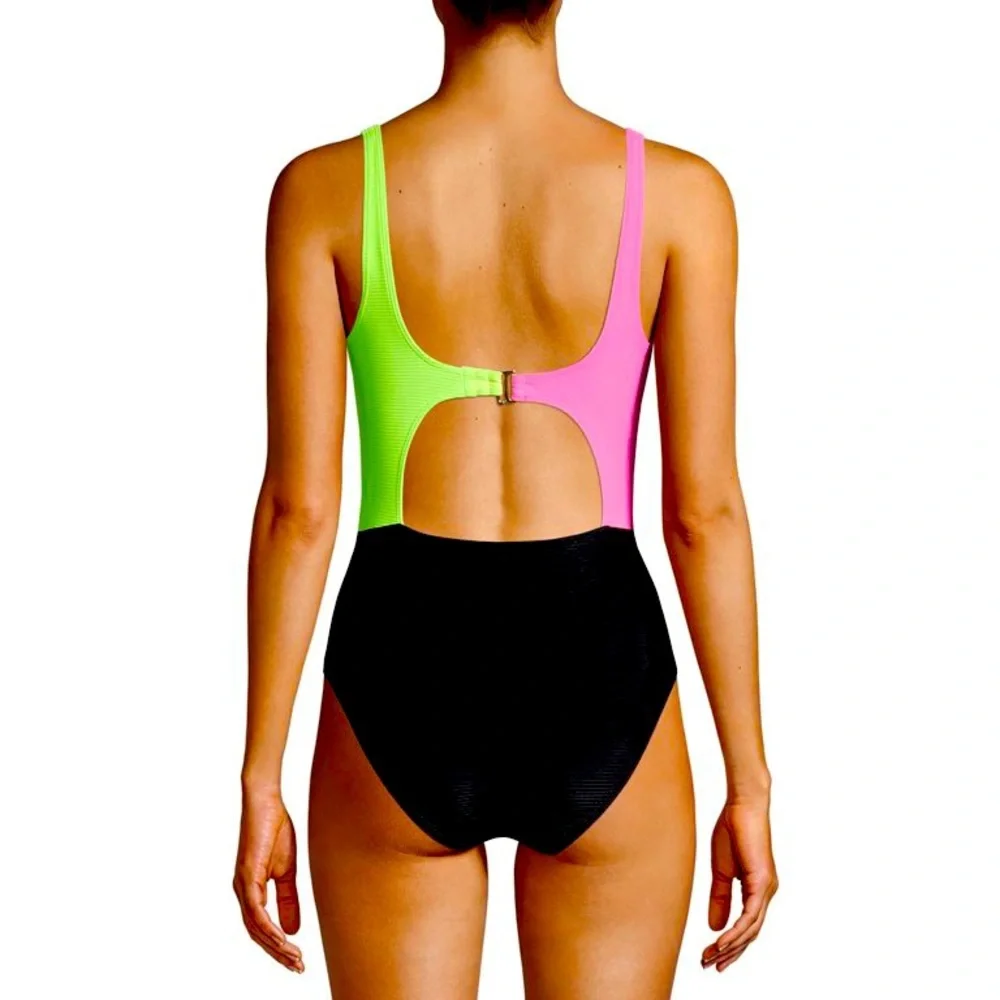 No boundaries Highlighter Neon Yellow Pink Black Tie Front One Piece Swimsuit L